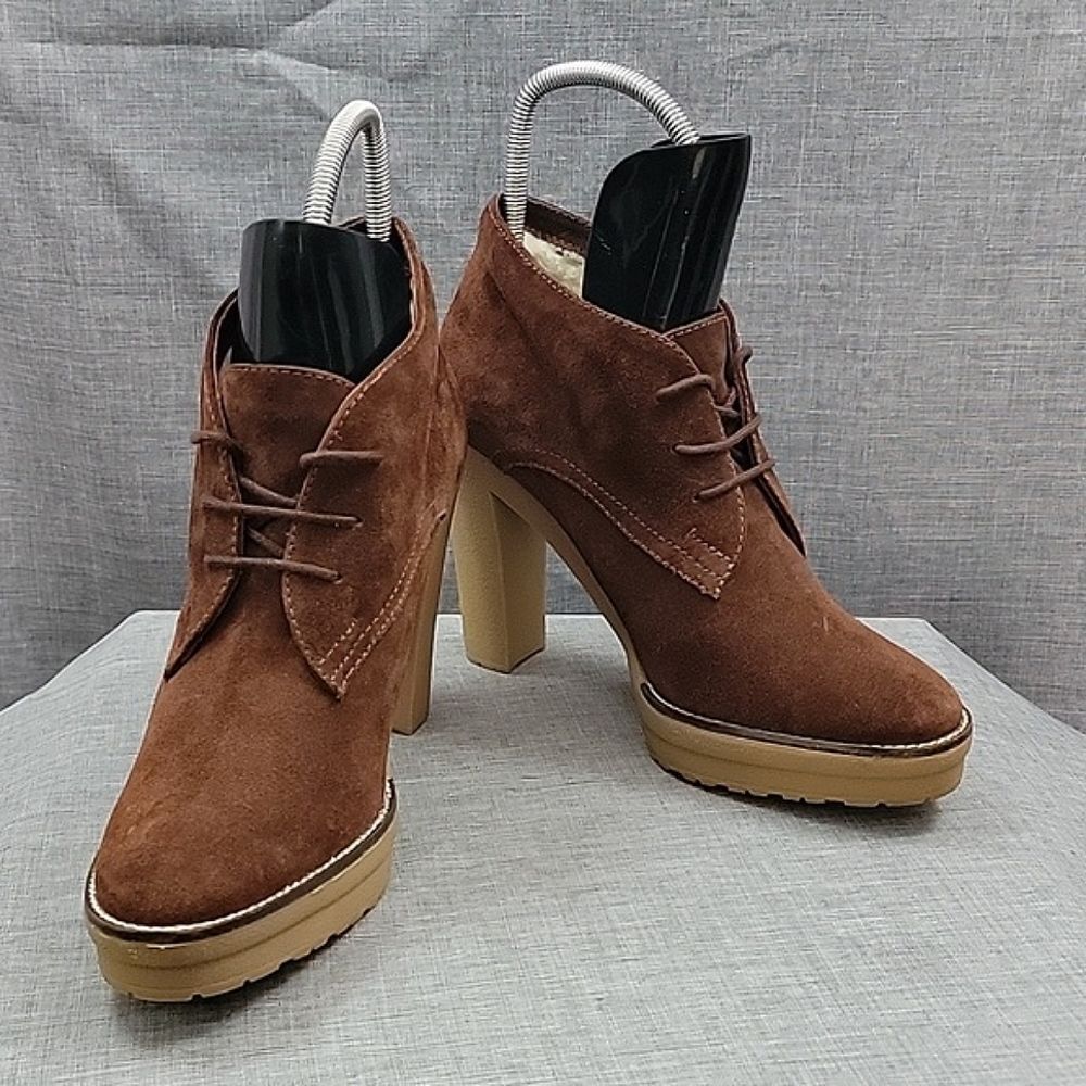 RL Purple Label Collection Franny Brown Suede Shearling Boots, Lace-Up Heel 9.5